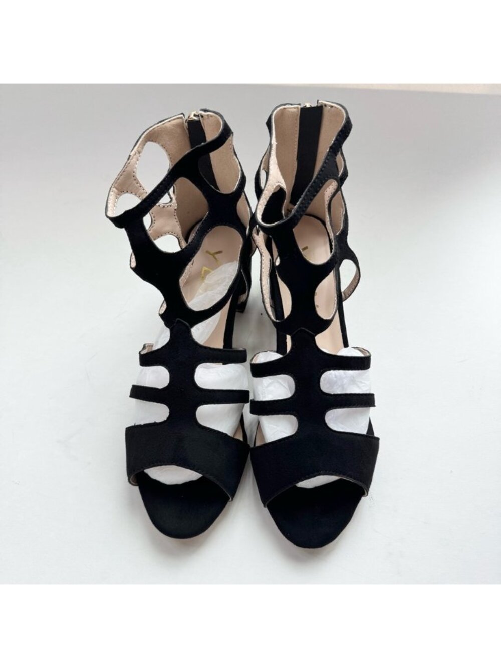 Women Size 7 Sexy Peep Toe Strappy Cutout Sandals Black Suede YDN